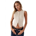 thumbnail image 1 of Women'S Sleeveless Round Neck Slim Fit Ribbed Button Vest apricot S, 1 of 8