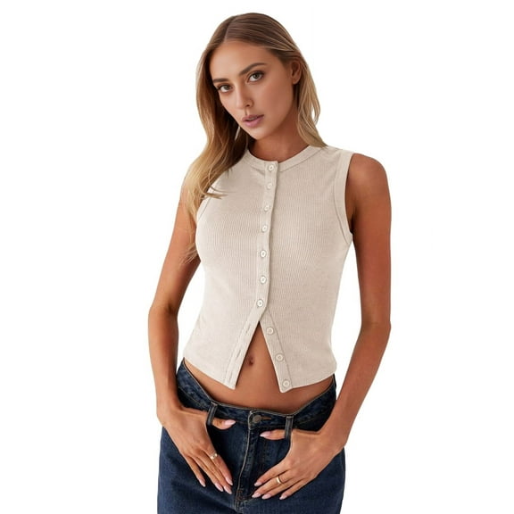 Women'S Sleeveless Round Neck Slim Fit Ribbed Button Vest M