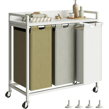 Laundry Hampers with Shelf, Laundry Basket 3 Section, Laundry Sorter with Pull-Out Removable Large 3 Color Bags and Movable Wheels, Metal Frame, 3 x 15.87 Gallons (60L), White PF04XLE