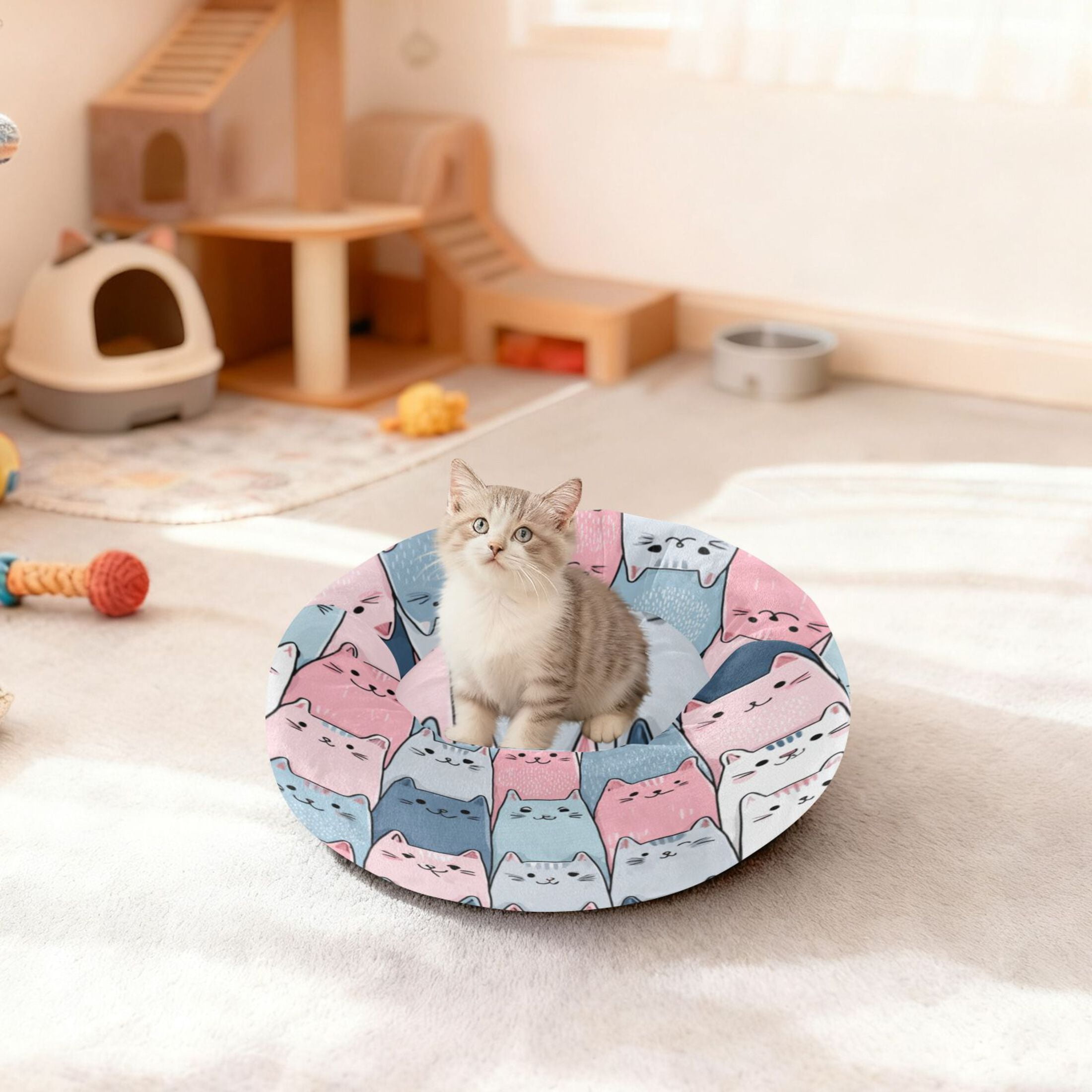 Iauyy Pet Couch Donut Cat Bed for Indoor Cats/Small Dogs Washable & Machine with Non-slip Bottom Calming Cat Furniture, Simple Sketch Of A Cat (S)