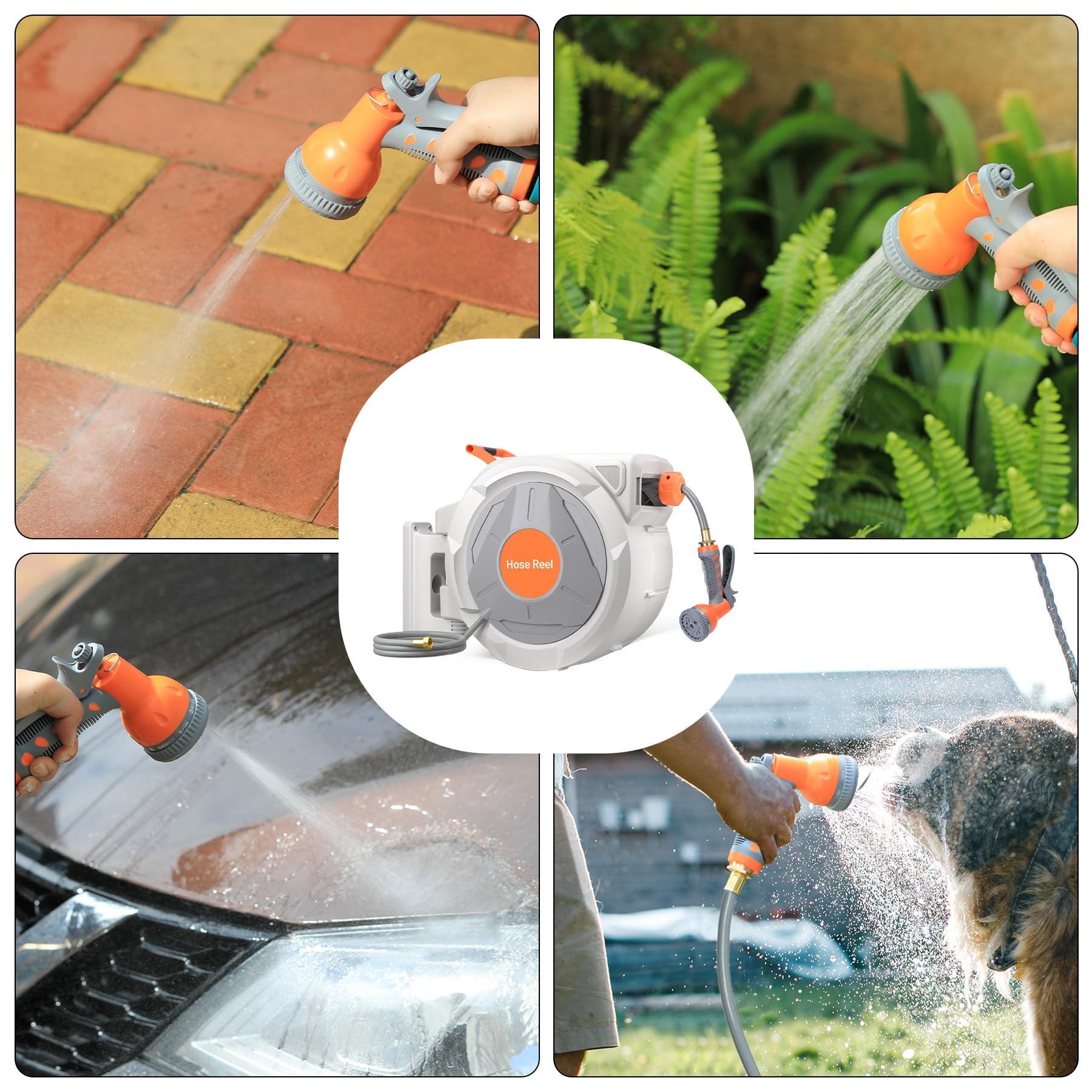 Retractable Garden Hose Reel, with 9 Patterns Nozzle, Any Length Lock, Upgraded Slow Return System and 180°Swivel Bracket, 5/8 Inch x 100 ft Wall Mounted