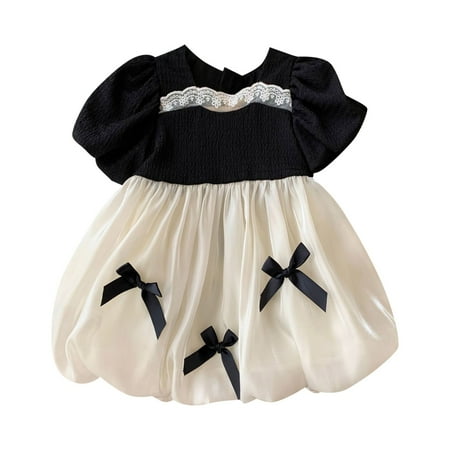 

Wiueurtly Summer Girl Patchwork Color Contrast Bow Short Sleeve Dress Casual Going Out For Afternoon Tea For 0 To 6 Years Peach Baby Girl Romper