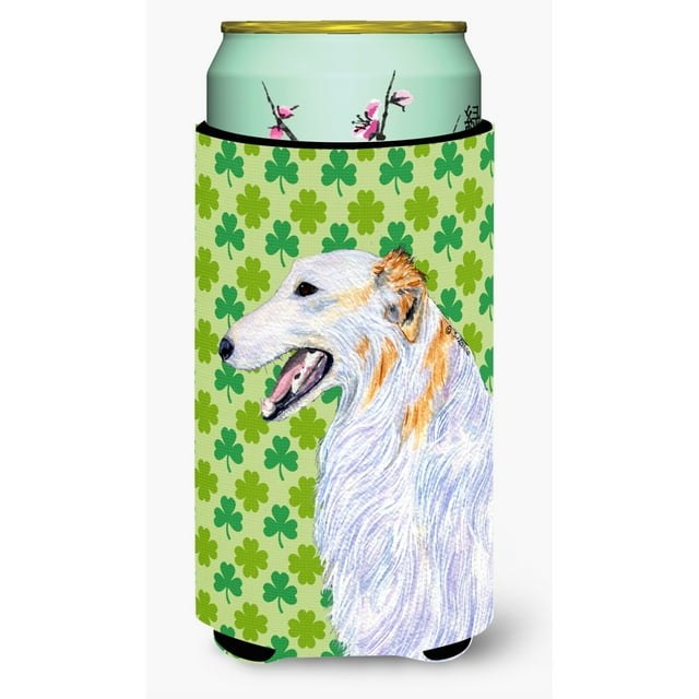 Borzoi Día de San Patricio Retrato de trébol Niño alto Aislador de bebidas Aislador de bebidas Hugger