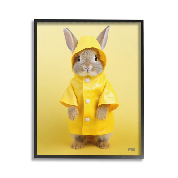 Stupell Industries Rabbit in Rain Coat Animals & Insects Painting Black Framed Art Print Wall Art, 24 x 30