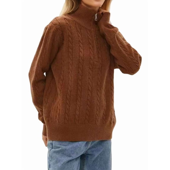Women'S Sweaters Fall Winter Quarter Zip Casual Ribbed Cable Knit Pullover Caramel One size