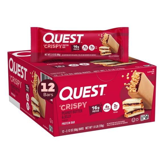 Quest Crispy Protein Bar, Peanut Butter and Jelly Flavor, High Protein, Gluten Free, 2.12oz, 12 Count