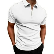 HAOTAGS Men's Short Sleeve Zipper Solid Color Casual Golf Polo Shirt Tops White Size 2XL