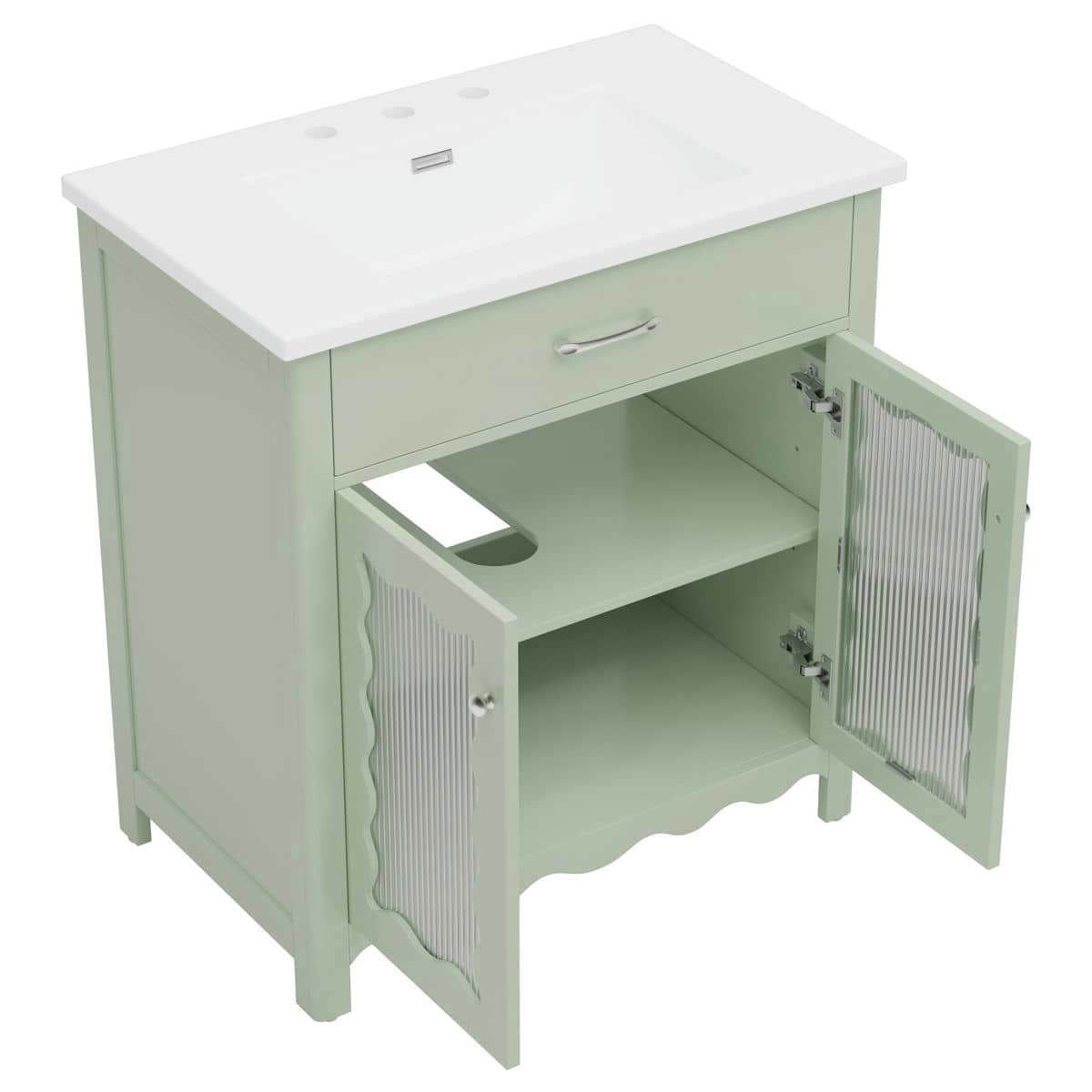 Spaco 31" Bathroom Vanity with Tempered Glass, Modern Bathroom Cabinet with Rubber Wood Legs and Soft Close Doors for Indoor, Green