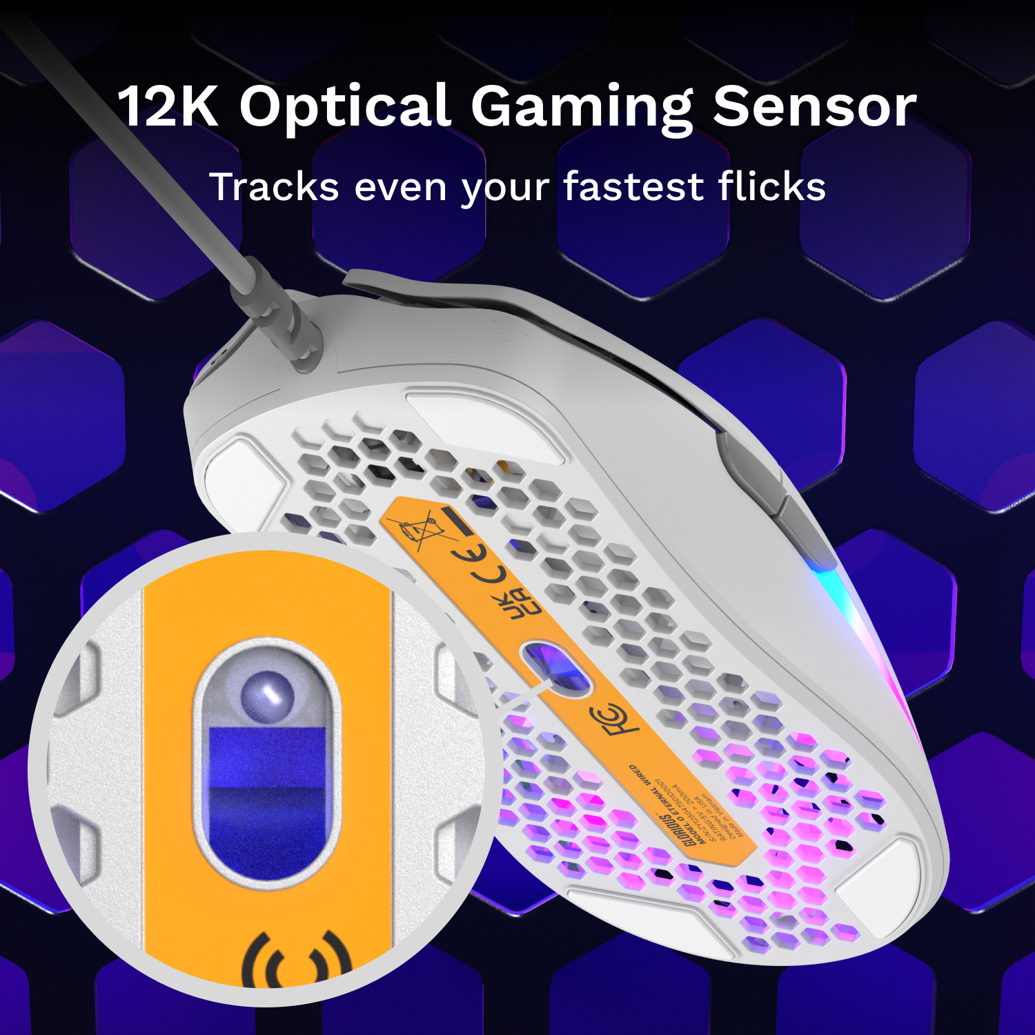 Glorious Model O Eternal Ultralight RGB Gaming Mouse - Wired - 55g Lightweight - Customizable RGB Lighting - 6 Programmable Buttons - Symmetrical Design - 12K DPI Optical Sensor - PC / Mac - White