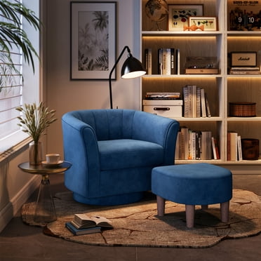 LINSY HOME Swivel Accent Chair with Ottoman, Velvet Barrel Chair for Living Room, Blue