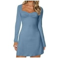 thumbnail image 1 of AherBiu Womens Long Sleeve Dresses Square Neck Basic Layer Slim Short Black Dress Solid Color, 1 of 7