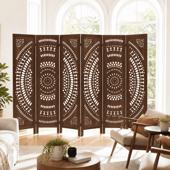6 Panel Wood Room Divider, 67-Inch Boho Carved Folding Screen, Paulownia Privacy Screen with Two-ways Hinges,Decorative Freestanding Room Partition for Bedroom, Office or Studio, Dark Brown