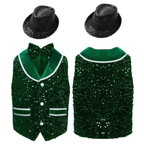 Doomiva Kids Boys Girls Dance Party Stage Performance Jacket Vest Hip-Hop Jazz Waistcoat and Bowtie Hat Dark Green 10