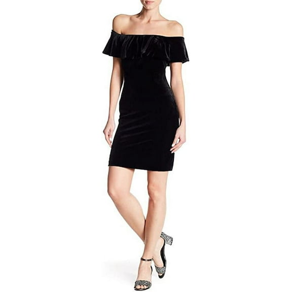 Eliza J Off-The-Shoulder Ruffle Velvet Dress, Black - 14