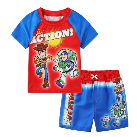 Disney Toy Story UPF 50 Rash Guard and Swim Trunks Shorts Swimwear Set Swimsuit (Boys), 2 Piece Set, Sizes 2T-7