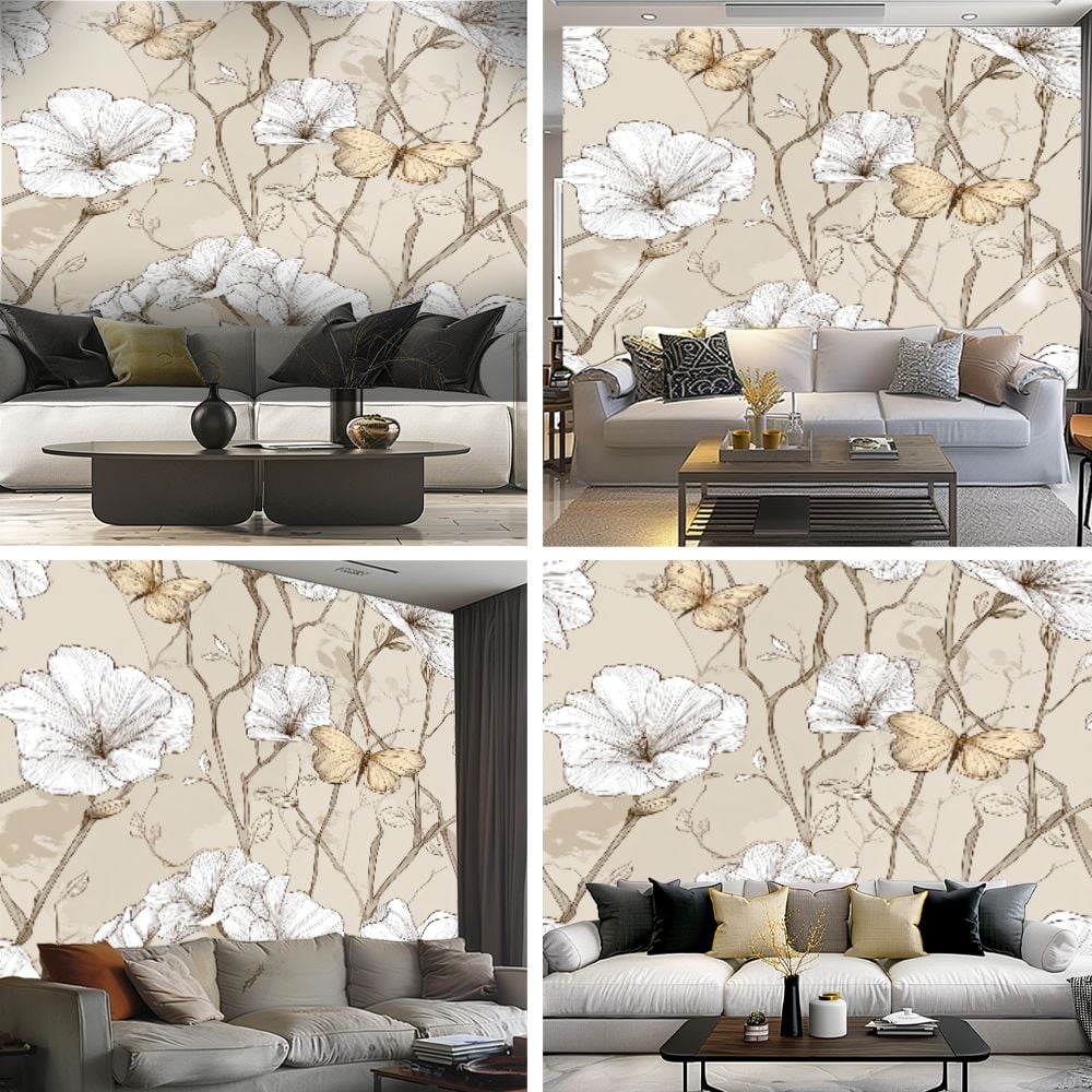 Peel and Stick Wallpaper Dusky Neutrals Stylized Flowers Butterfly Motif Floral Petals Curved Modern Art Wall Mural Decor Self Adhesive and Removable 69in x 98in