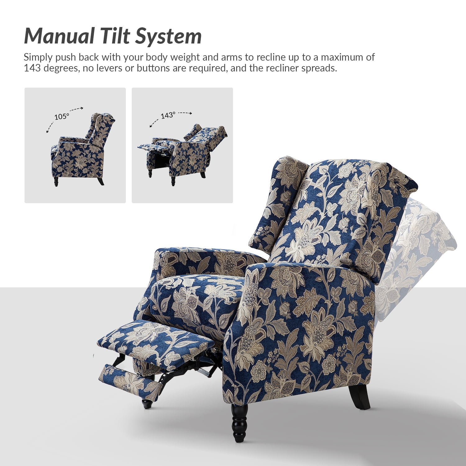 Push Back Recliner Chair Set of 2 Wingback Manual Fabric Upholstered Home Theater Couches Garden