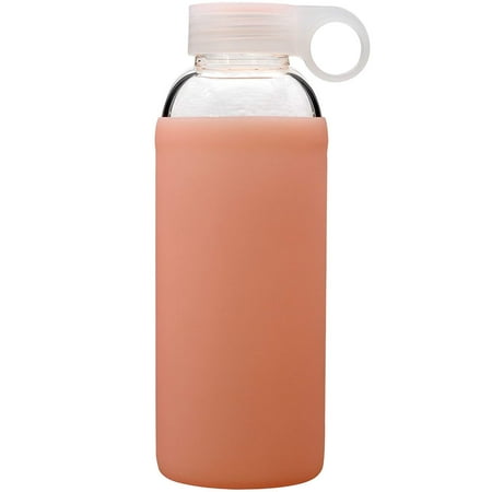 2 Bonus Glasses Bonison Jelly Glass Bottle, Borosilicate Glass Bottle with Peach Silicone Protective Sleeve, Perfect for Travel, Office, Home, Two Bonus Gifts of Cleaning Brush and Cloth Glass Wiper ()
