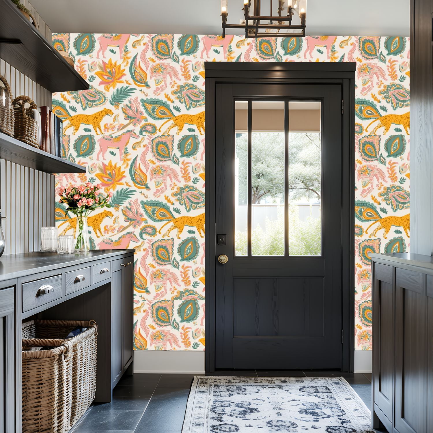Paisley Peel and Stick Wallpaper 17.7in x 9.8ft Colorful Floral Animal Leopard Horse Illustrations Contact Paper Vinyl Waterproof Self Adhesive Wall Paper for Bedroom Shelf Cabinet Renter Friendly