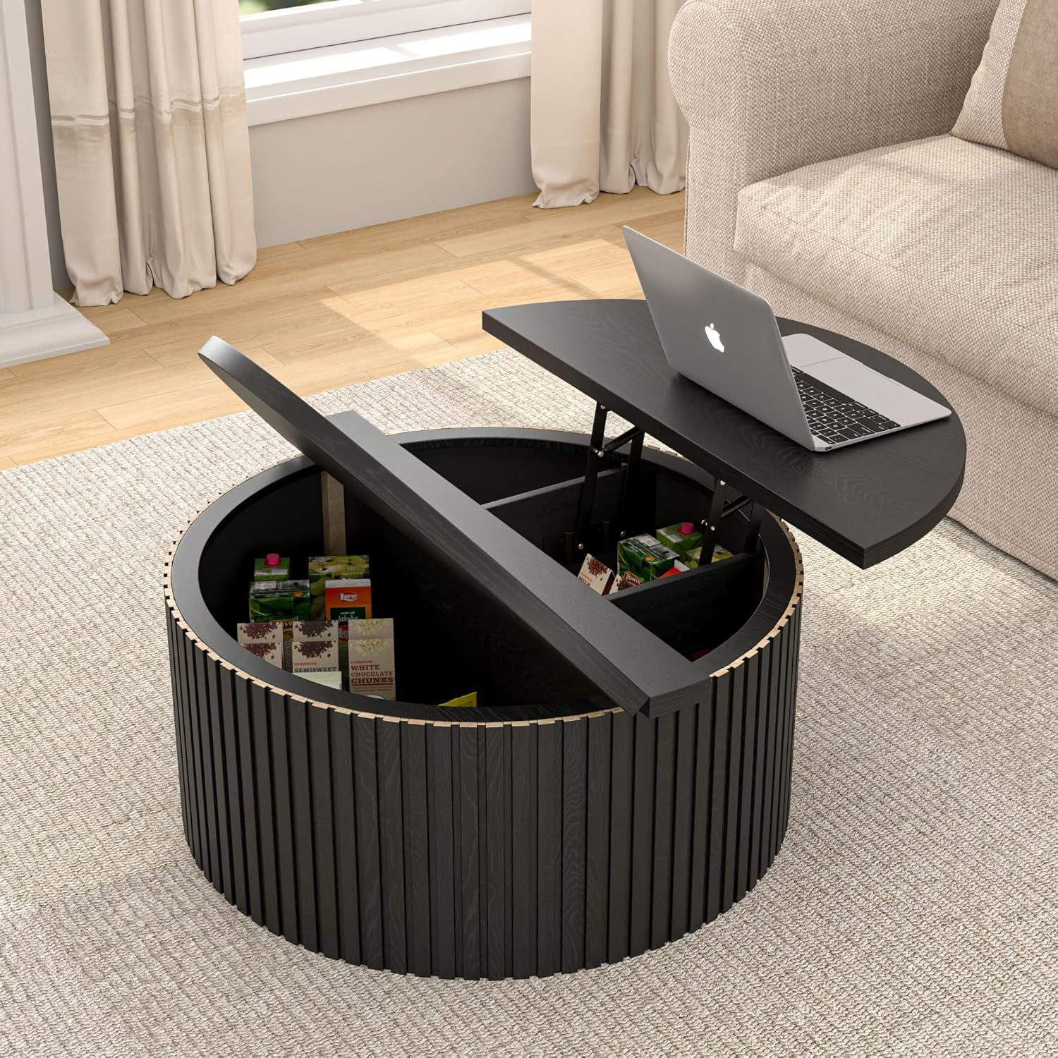 Round Coffee Table for Living Room, Farmhouse Lift Top Coffee Table, Fluted Center Table with Storage (Black)