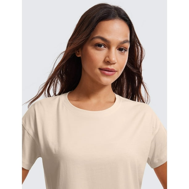 CRZ YOGA Women's Pima Cotton Workout Short Sleeve Shirts Loose Crop Tops  Athletic Gym Shirt Casual Cropped T-Shirt, White Opal, Medium 