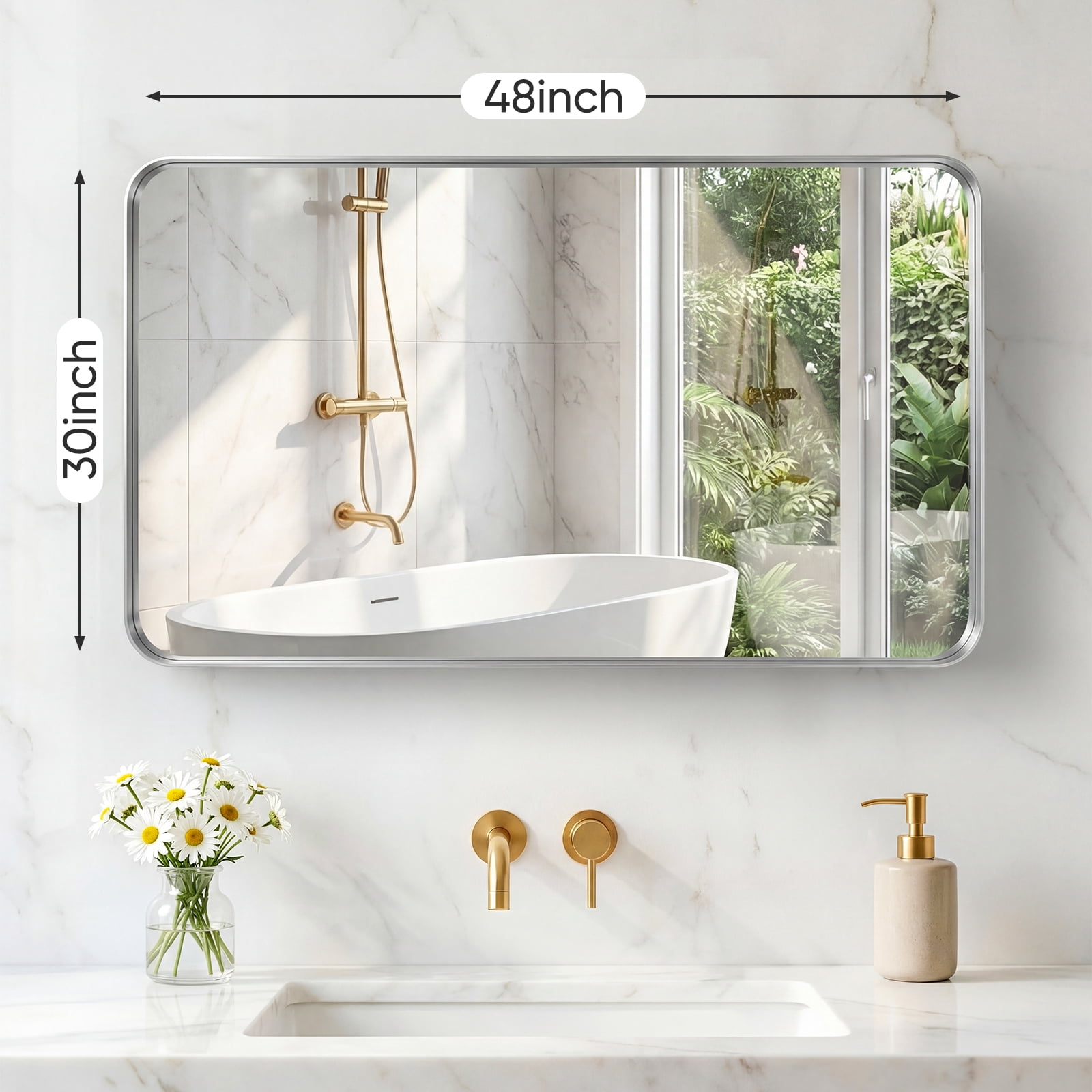 Gianna Anti-Fog Bathroom Wall Mirror – 30" x 48" Shatterproof Vanity Mirror with Rectangular Metal Frame, Sliver
