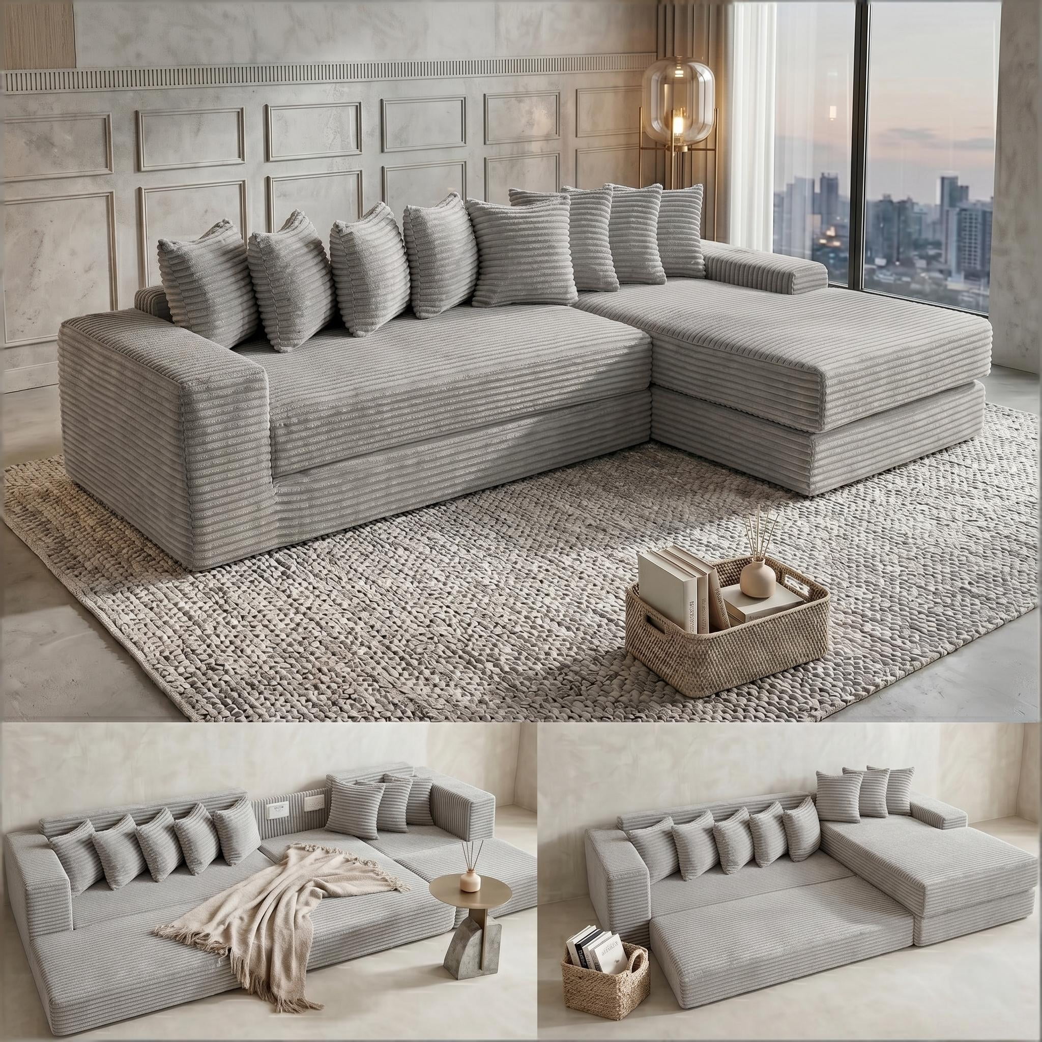 Howcool Modern L-Shaped Sectional Sleeper Sofa Oversized Cloud Couch 3-in-1 Convertible Floor Bed Corduroy with 8 Pillows