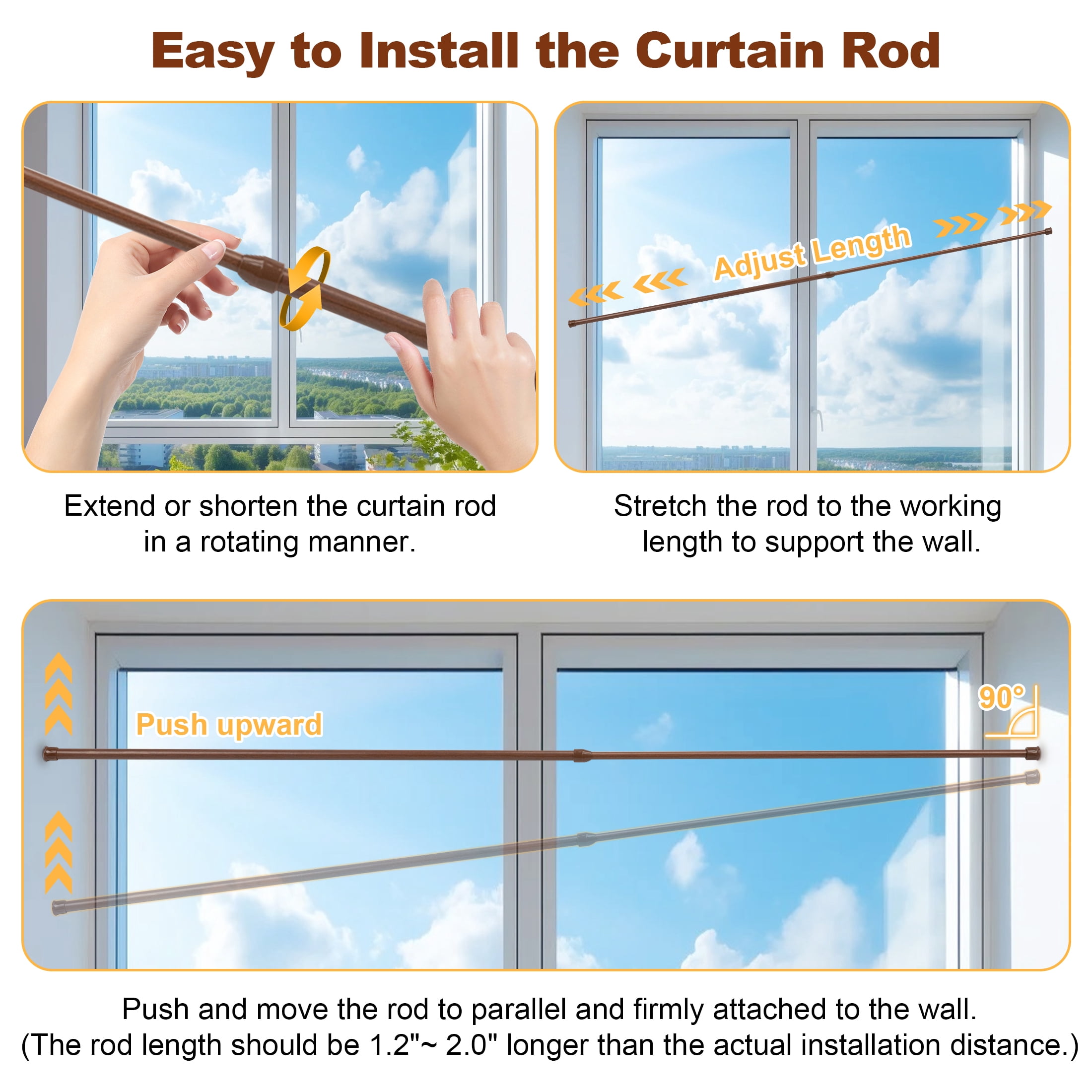 BEAMNOVA 6Pcs Tension Curtain Rod for Windows Cabinet Wardrobe Closet 28"-48" Adjustable, 1/2" Diameter, Brown