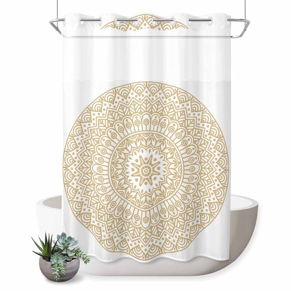 No Hook Shower Curtain, Beige Boho Shower Curtains for Bathroom with See Through Top Window, Retro Farmhouse Ethnic Abstract Geometric Art Waterproof & Washable Bath Curtain Extra Long 72"x84"
