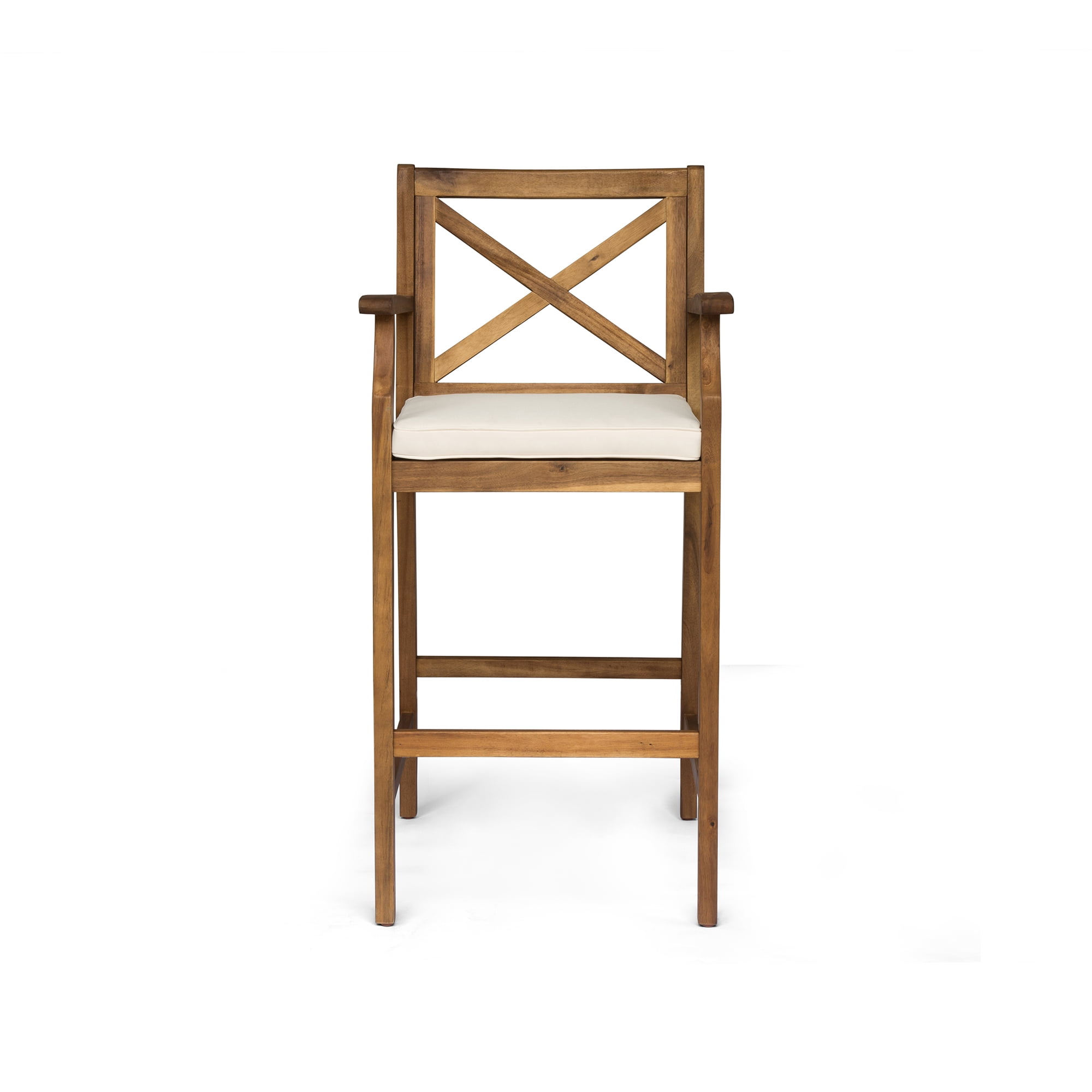 Outdoor Acacia Wood Bar Stool Set of 2, Comfort Height Seats for Patio Bar, Teak and Cream