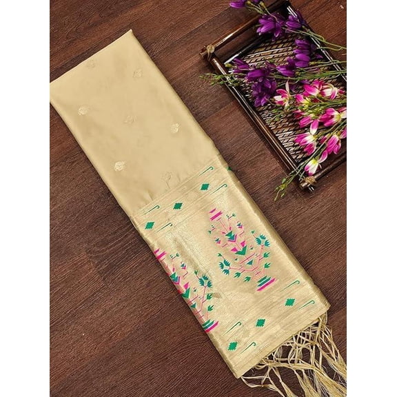 AlchemicLiving Chikku Woven Paithani Banarasi Silk Dupatta/Chunni for Women Floral Print Zari Dupatta for Girls Size: 1M x 2.3M