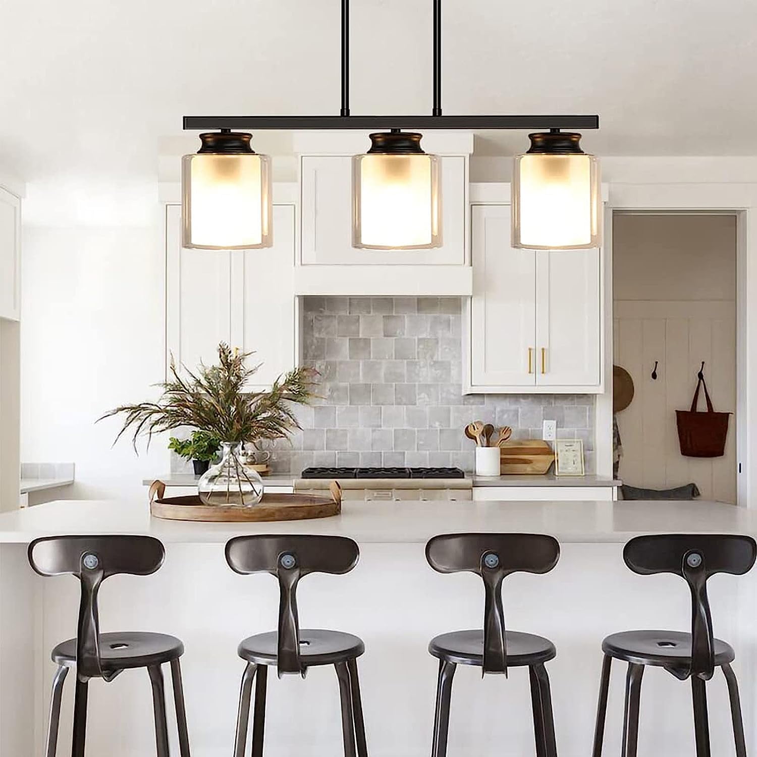Depuley 3 Light Glass Pendant Light Industrial Kitchen Island Light Dimmable LED Matte Black Farmhouse Semi Flush Mount Ceilinglight for Living Room Dining Patio, E26 Socket