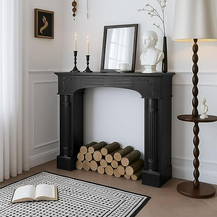 EPICOZY 43.3" Fireplace Mantel, Freestanding Fireplace Surround with Leg for Electric Fireplaces, MDF Mantel Surround with Shelf for Living Room with Decorative Pattern, Anti-Tipping & Waterproof