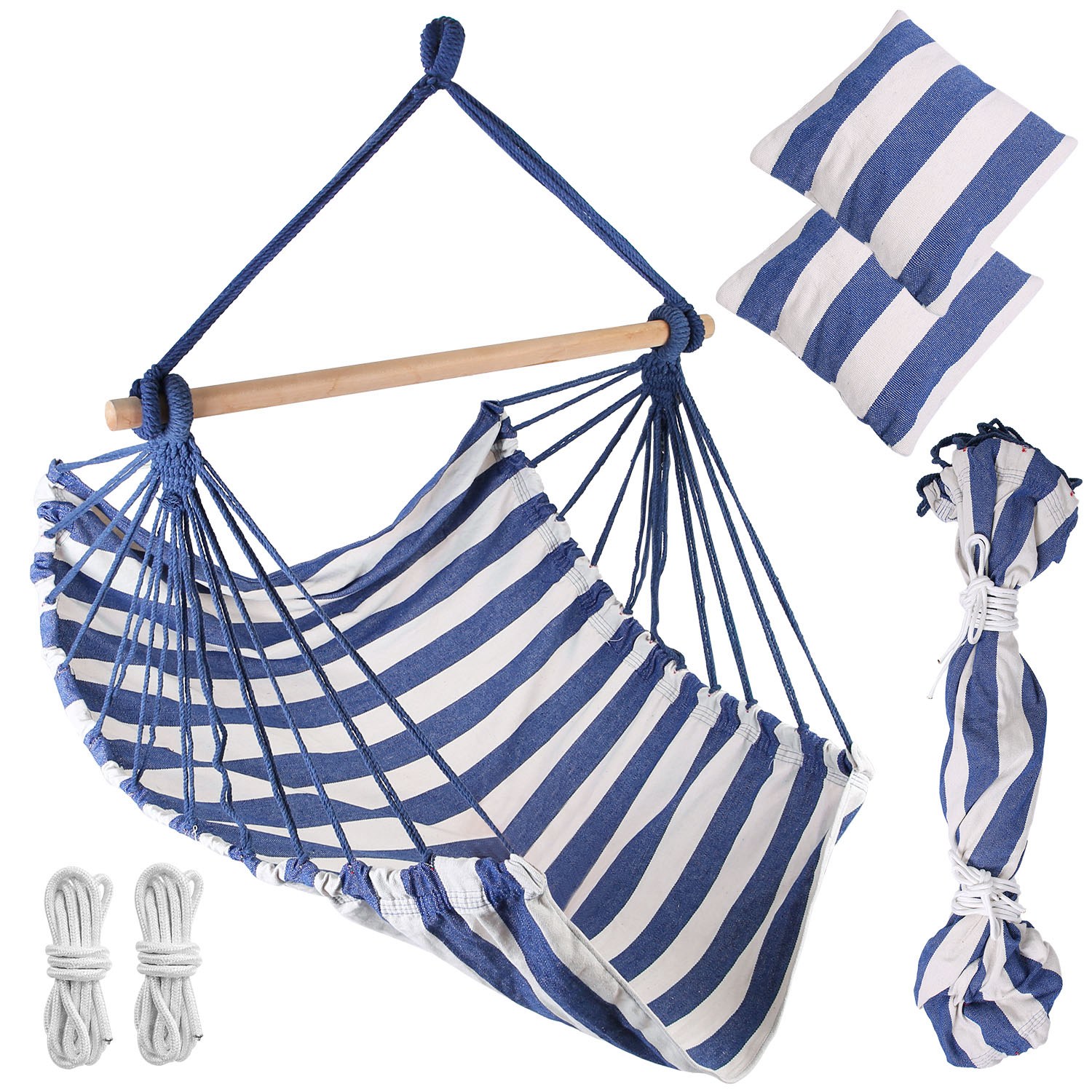 iMountek Hanging Chair Canvas Porch Patio Swing Seat, Portable Camping Rope Seat Wooden Stick Hammock Chair, Blue