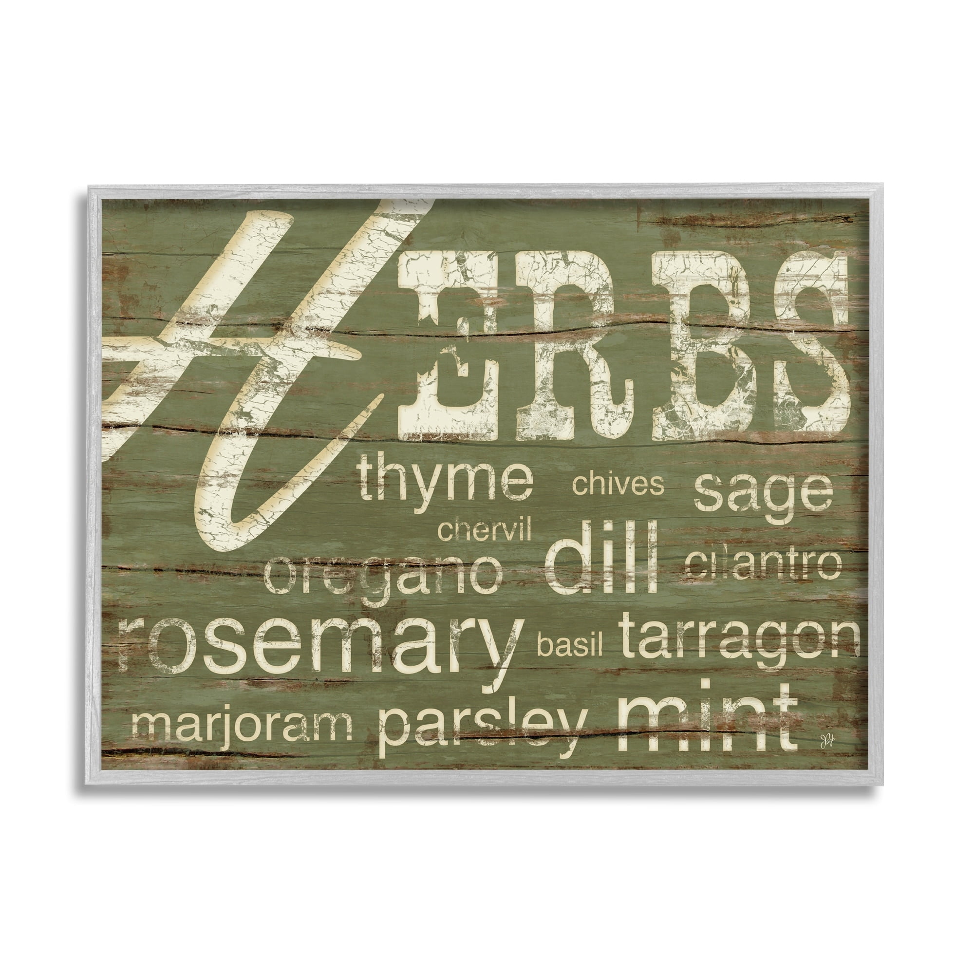 Stupell Industries Herbs and Words Green Kitchen Graphic Art Gray Framed Art Print Wall Art, 16x20, by Jennifer Pugh