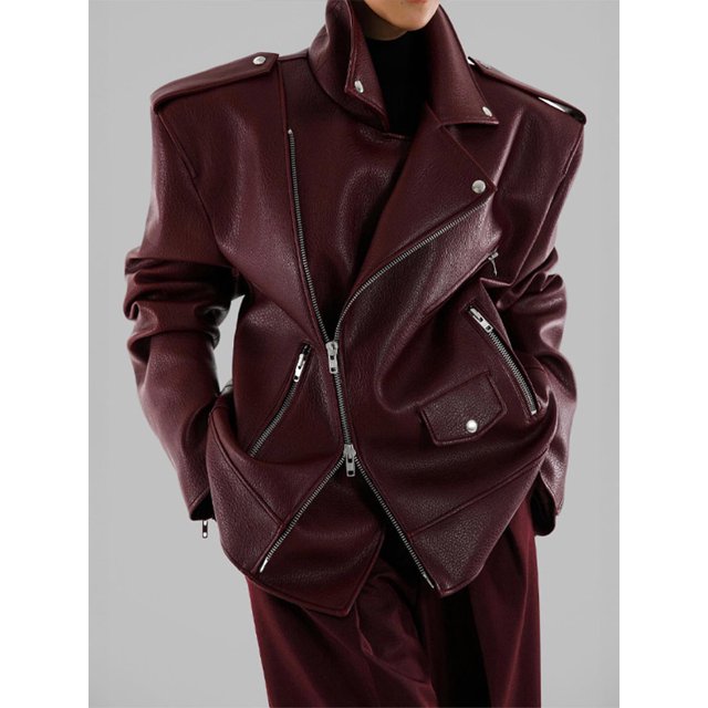 Chaquetas irregulares de piel para mujer, abrigos informales con cremallera y cuello vuelto, ropa de calle moderna, otoño e invierno, 2024