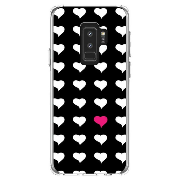 DistinctInk Clear Shockproof Hybrid Case for Samsung Galaxy S9  PLUS (6.2" Screen) - TPU Bumper, Acrylic Back, Tempered Glass Screen Protector - Pink White Black Repeating Hearts