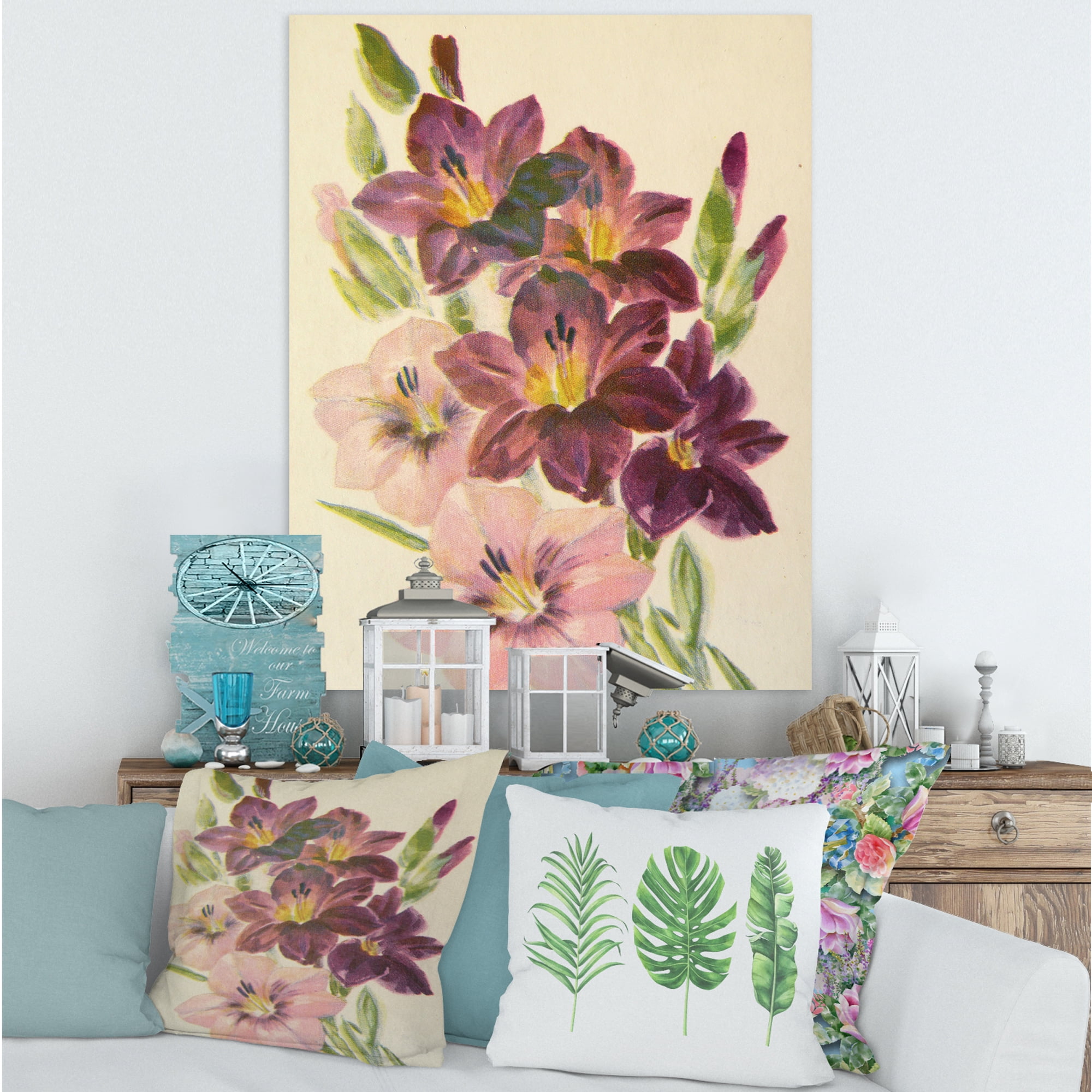 Designart ' Retro Dark and Light Pink Gladiolus ' Traditional Canvas Wall Art Print