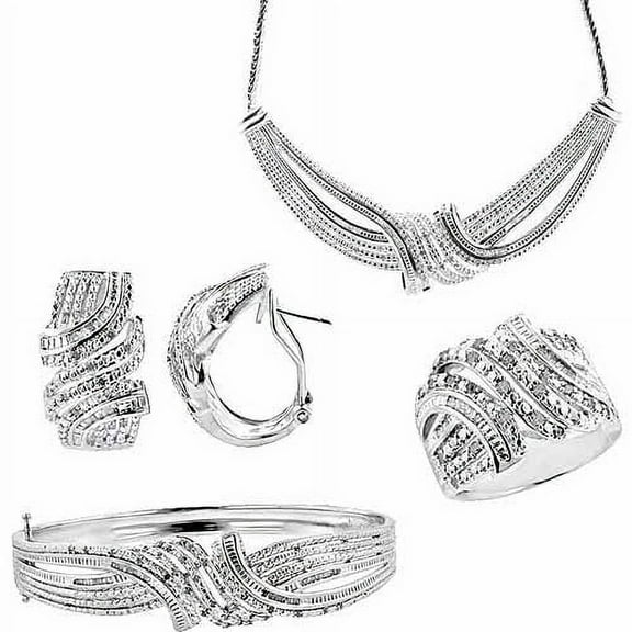 2-Carat T.W. Round White Diamond Rhodium-plated Ring, Earrings, Bangle and Necklace Set, 17", Size 7