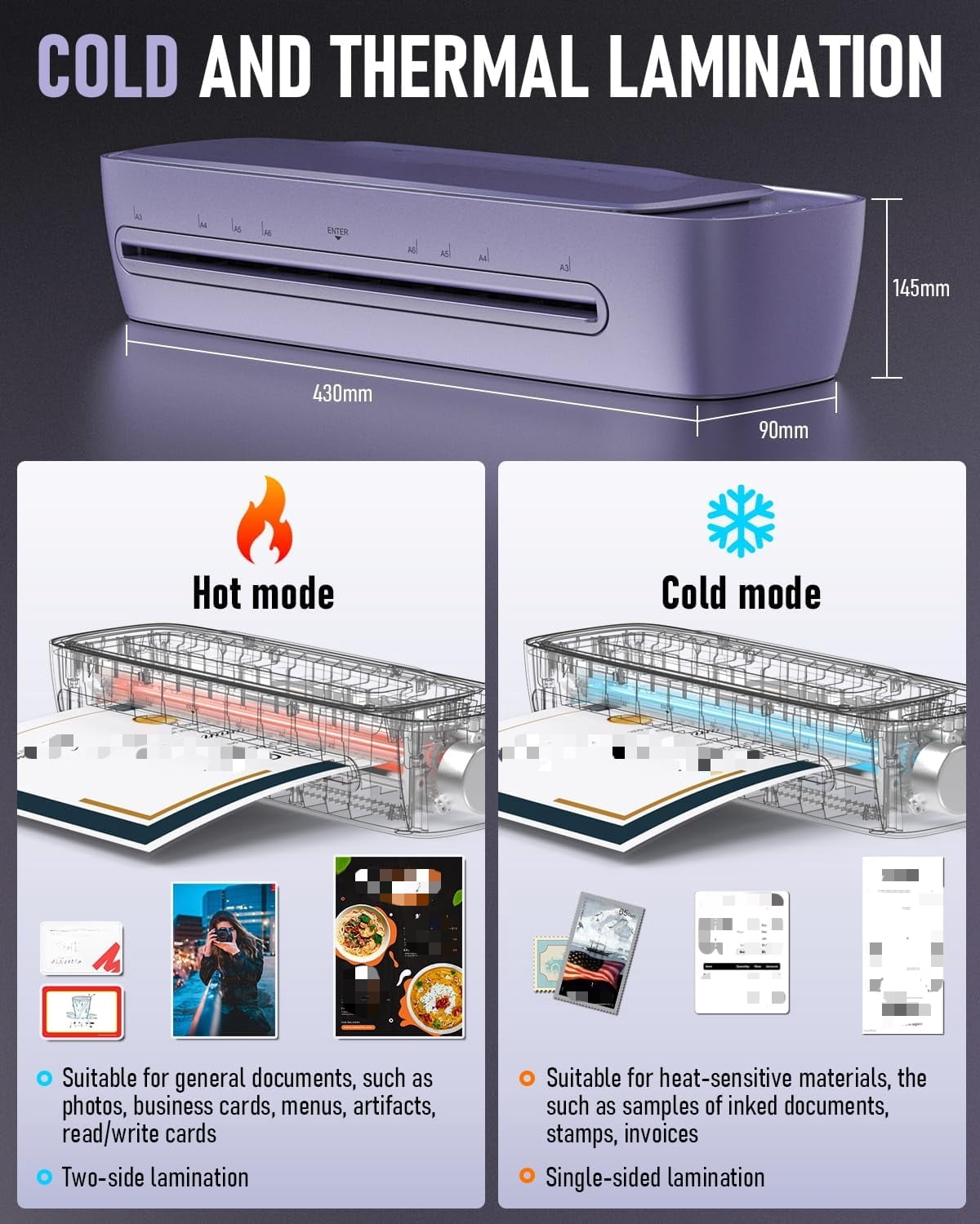 Laminator 13 inch wide hot and cold A3 laminator, 60 seconds preheating anti-jam laminator 11x17