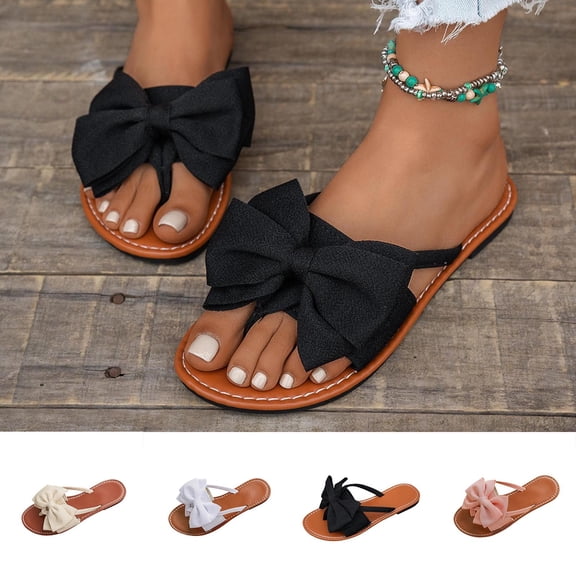 Miluxas Women's Solid Color Bow Flat Sandals Slip On Open Toe Flip Flops Slide Sandal White 9.5(43)