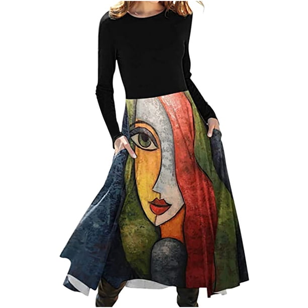 Vestido Retro Vestido de Manga Larga Para Mujer Vintage Floral Acampanado A-Line Swing Fiesta Informal Vestidos de Cuello Redondo Con Bolsillos Odeerbi ODB116436