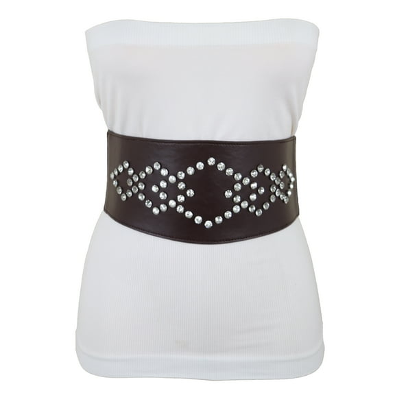 Women Wide Faux Leather Dark Brown Elastic Belt Squares S M