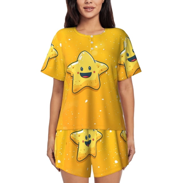 Xecao Happy Cartoon Star Pattern Women's Short Sleeve Pajama Set Soft Sleepwear Lounge Set with Button Front Top and Drawstring Shorts with Pockets-XX-Large