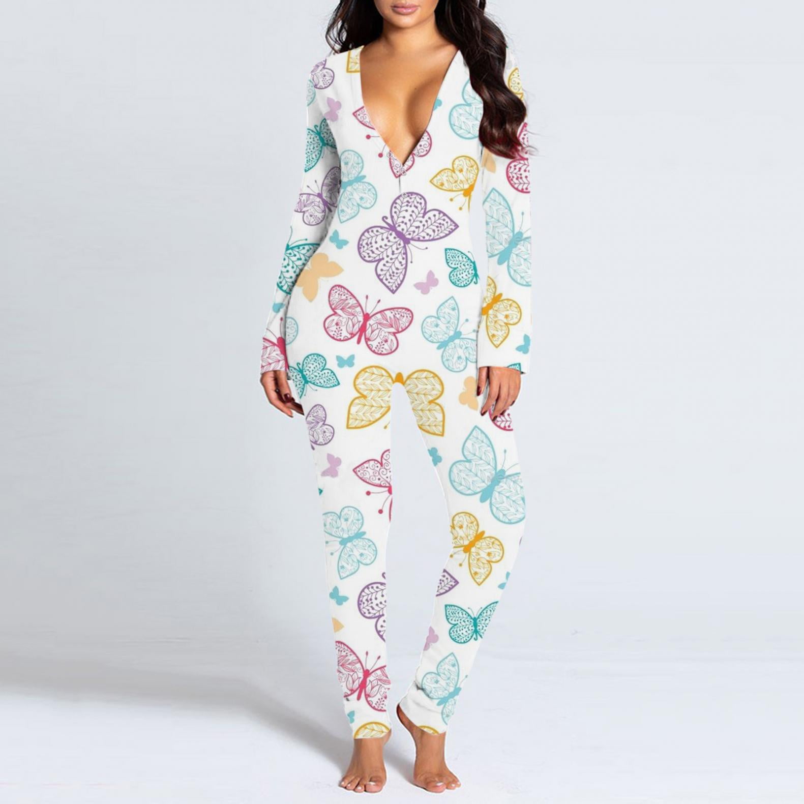 Women Jumpsuit Pajamas Halloween Onesie Sleepwear with Back Functional Buttoned Flap Adult Sleepwear Romper Jumpsuit