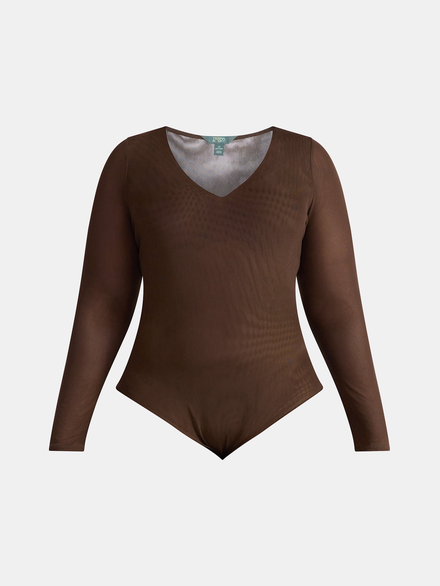 Terra & Sky Women's Plus V Neck Mesh Bodysuit with Long Sleeves, Sizes 0X-5X
