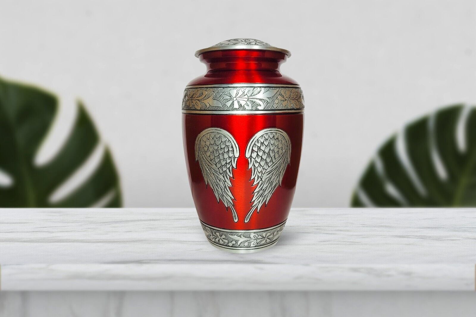New Angle Wing Cremation Urn Red Engraved Funeral Jar for Human and Pet Ashes Size Large with velvet bag