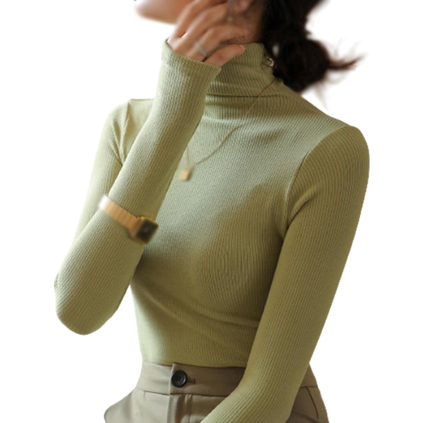 Camisas de manga larga con cuello alto para mujer, jerséis casuales ajustados y ajustados, camisetas con capas