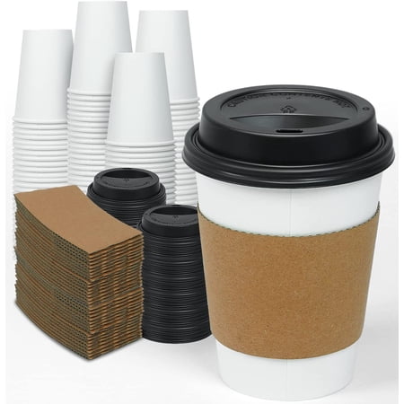 100 Pack 12 oz Disposable Thickened Paper Coffee Cups with Lids and Sleeves, To Go Hot Coffee Cups, Hot Chocolate, Cocoa and Coffee Bar Supplies