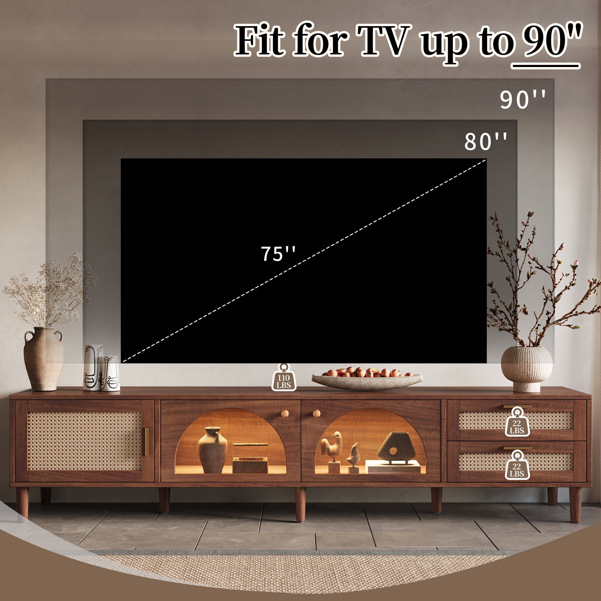 Homy Casa 86.6" TV Stand with LED Lights, Rattan Doors and Drawers, Walnut